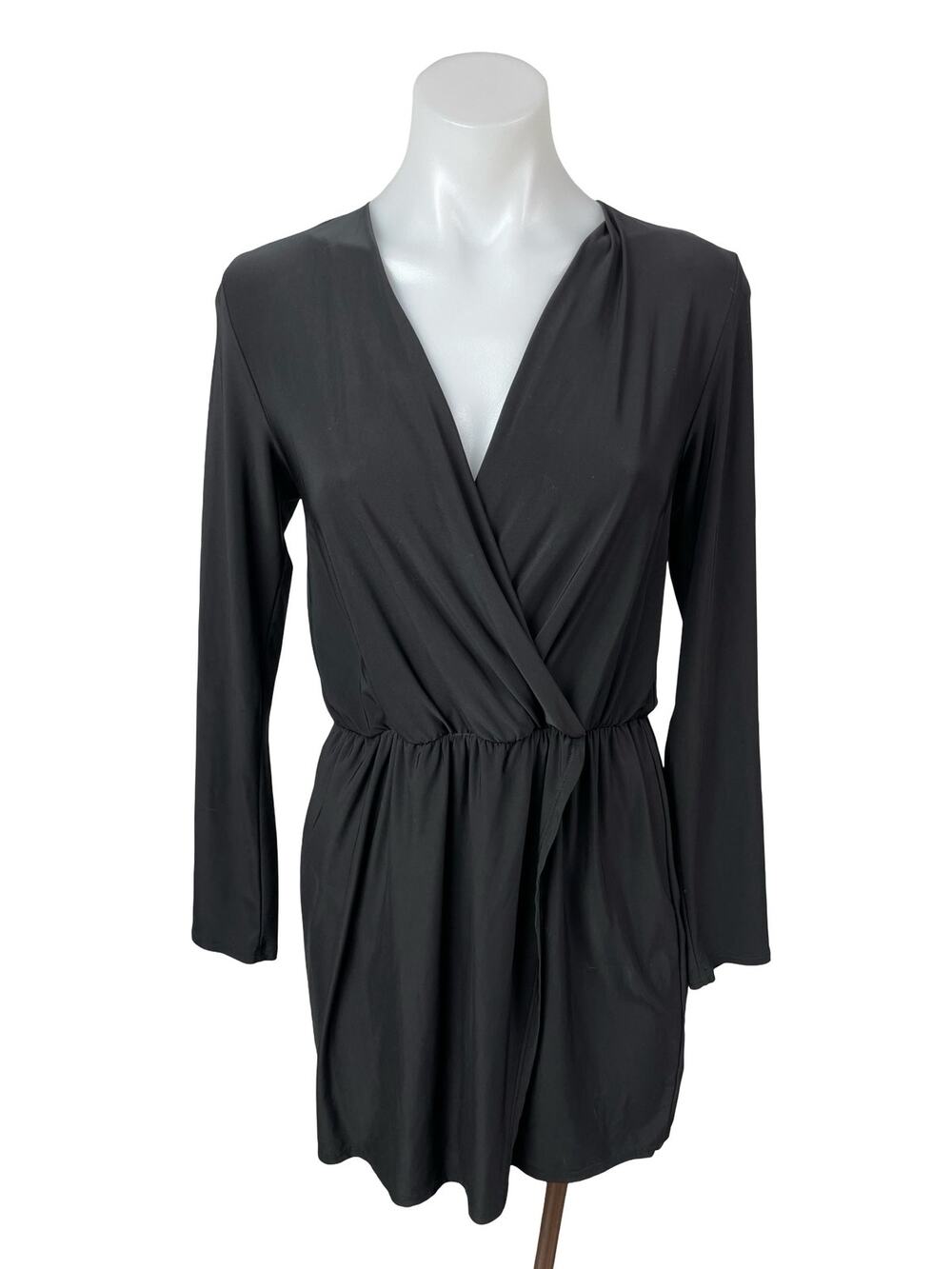 Tobi Womens Black Long Sleeve Faux Wrap Drape V Neck Mini Blouson Dress Size S/M